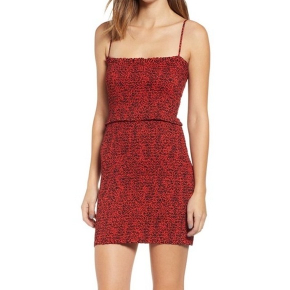 AFRM Owen Red Leopard Smocked Mini Dress - Picture 1 of 10